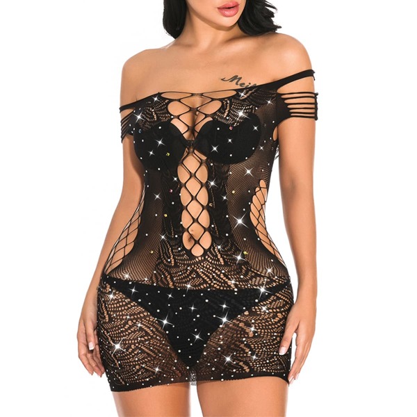 

Rhinestone Studded Bardot Dress Without Bra & Panty, Black