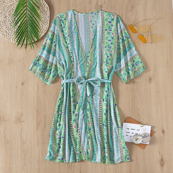 

Allover Print Knot Front Kimono, Multicolor
