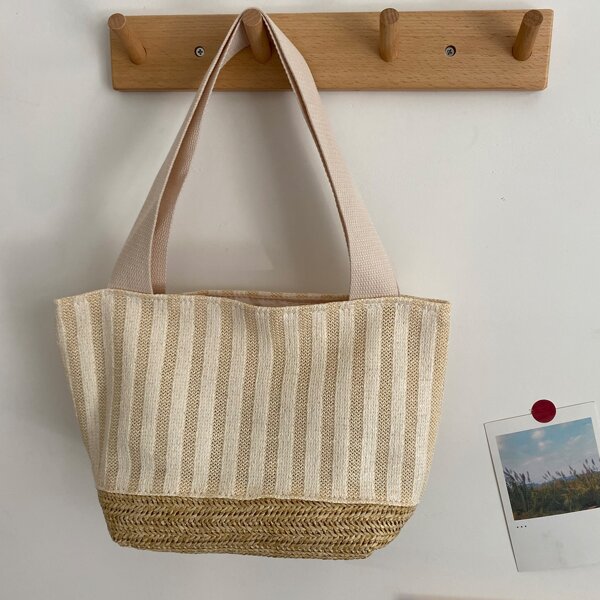 

Striped Crochet Straw Bag, Khaki