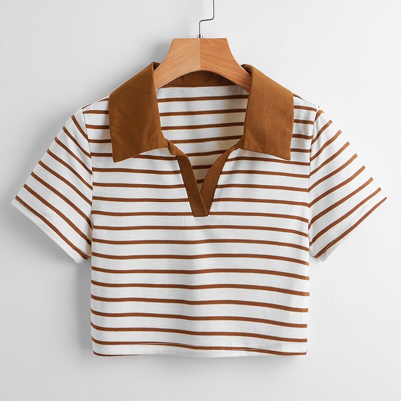 

Striped Contrast Collar Crop Tee, Multicolor