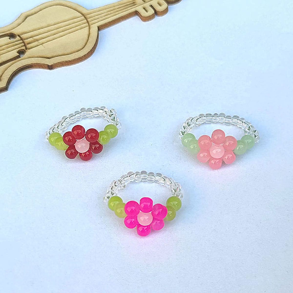 

3pcs Floral Beaded Ring, Red