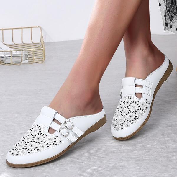 

Hollow Out Buckle Decor Flat Mules, White