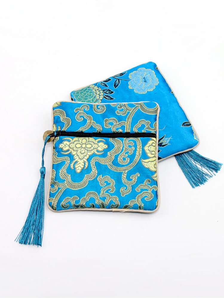 1pc Random Pattern Tassel Pendant Jewelry Storage Bag, Embroidered Design Polyester Gift Storage Pouch For Party Holiday