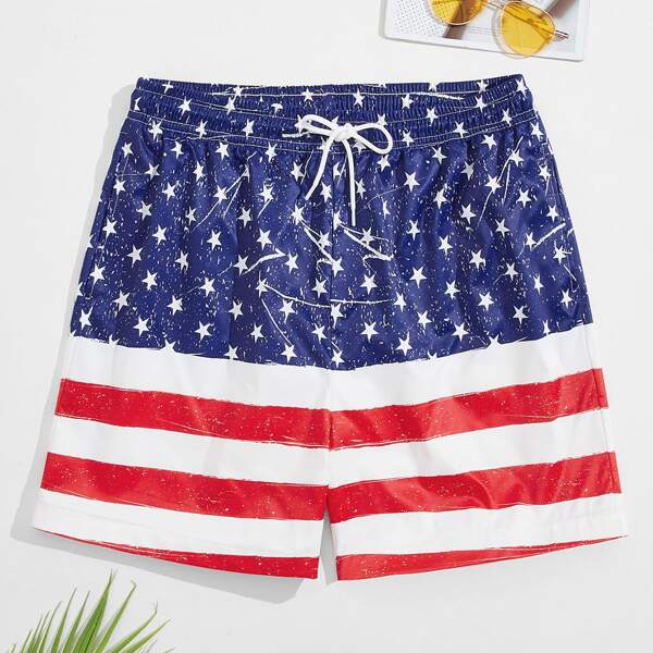 

Men Stars And Stripes Print Drawstring Waist Swim Trunks, Multicolor