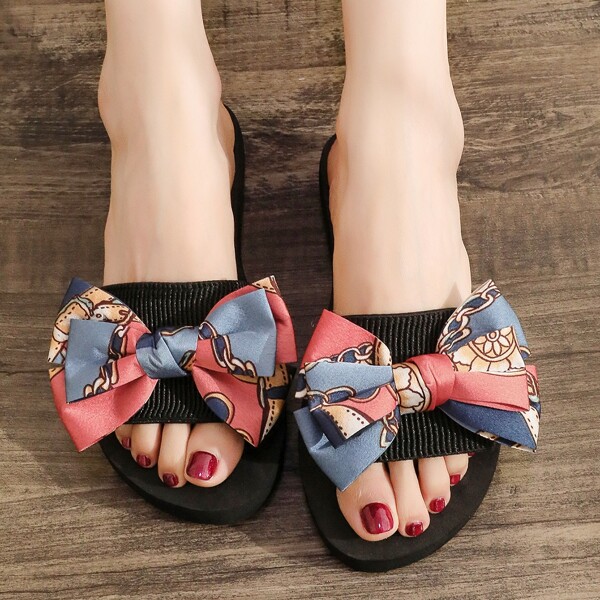 

Scarf Print Bow Decor Slides, Multicolor