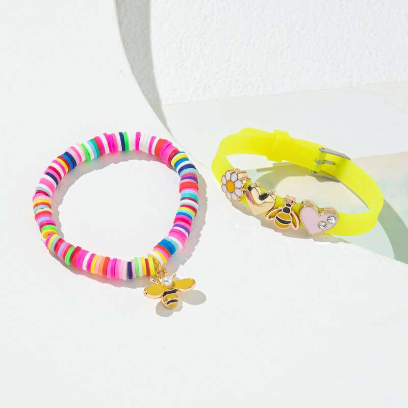 

2pcs Bee & Flower Bracelet, Multicolor