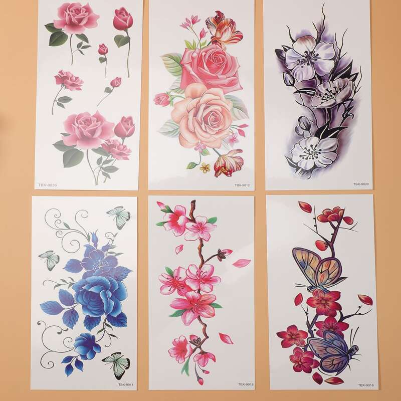 

6sheets Floral Print Tattoo Sticker, Multicolor