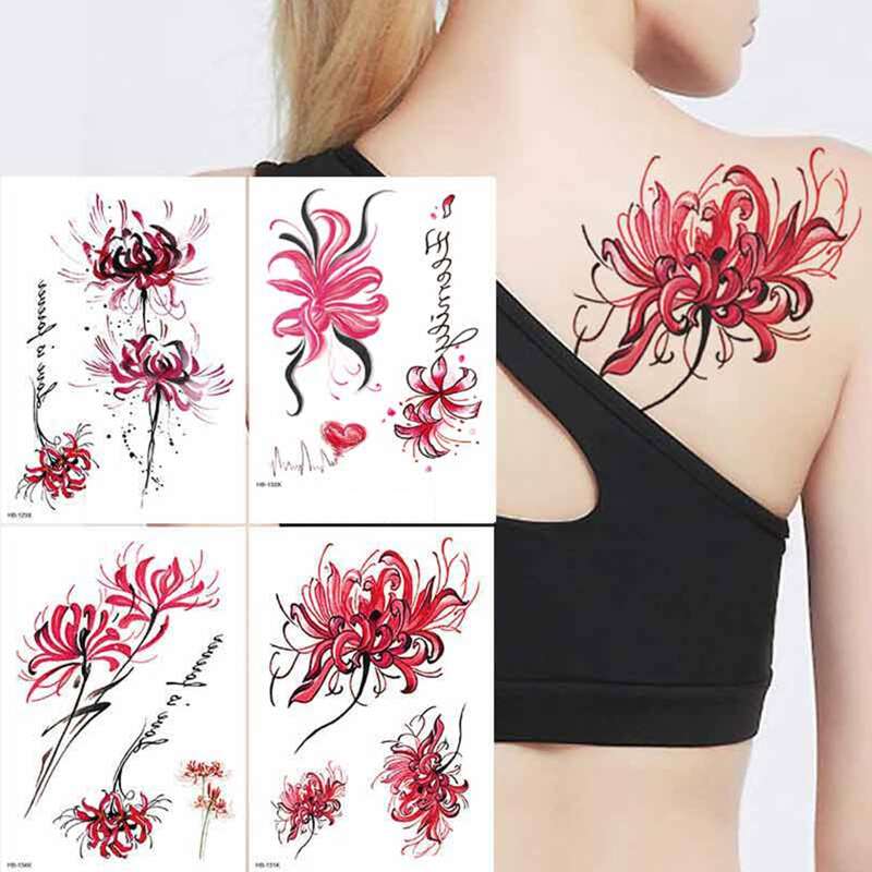 

4sheets Floral Print Tattoo Sticker, Red