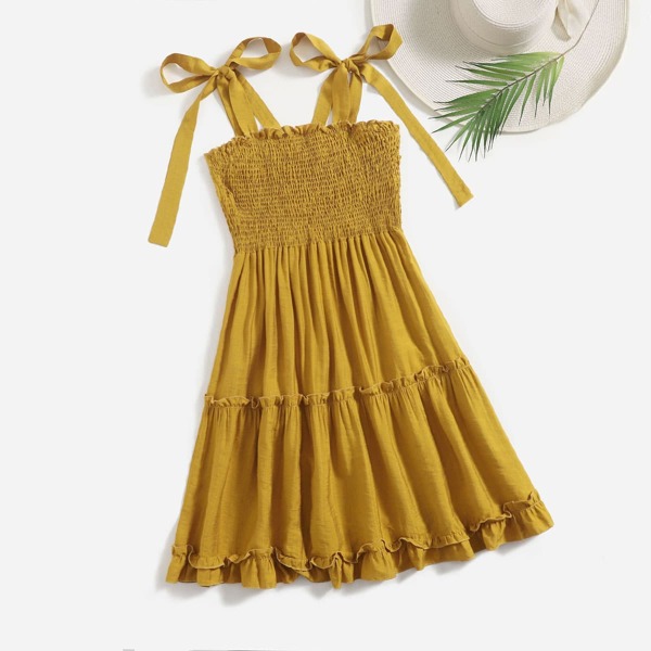 

Plus Solid Knot Strap Frill Trim Shirred Dress, Mustard yellow