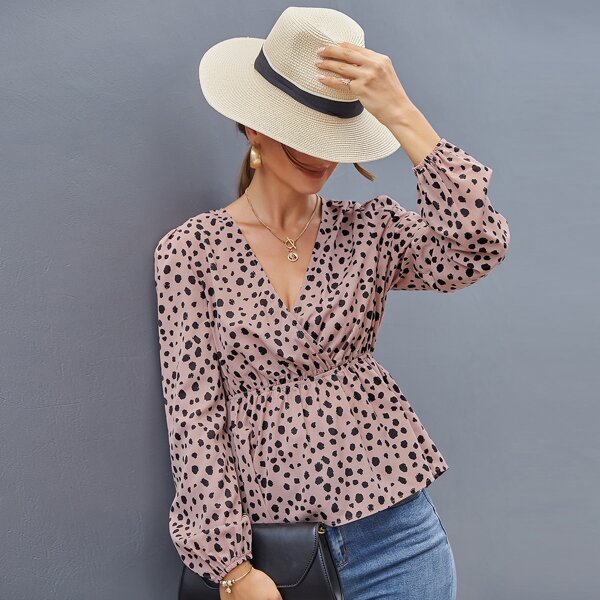 

Dalmatian Print Wrap Peplum Blouse, Dusty pink