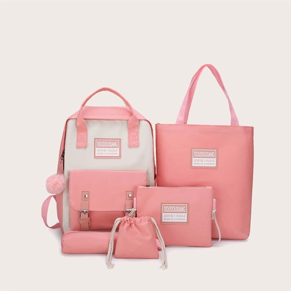 

5pcs Two Tone Large Capacity Backpack Set, Pink