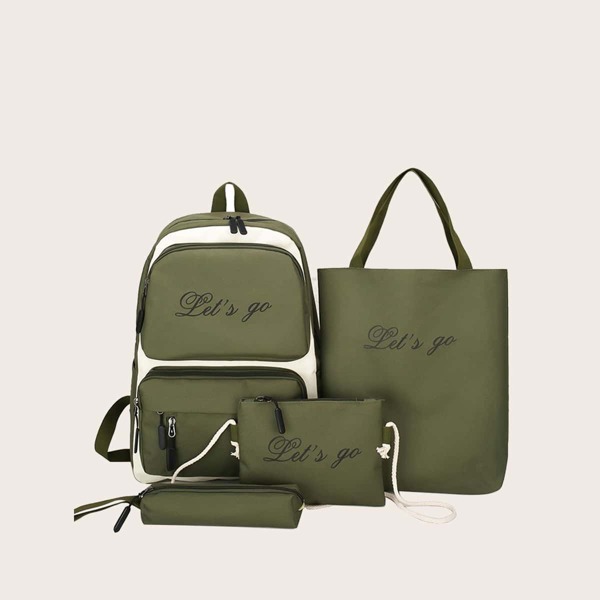 

4pcs Letter Graphic Two Tone Backpack Set, Green