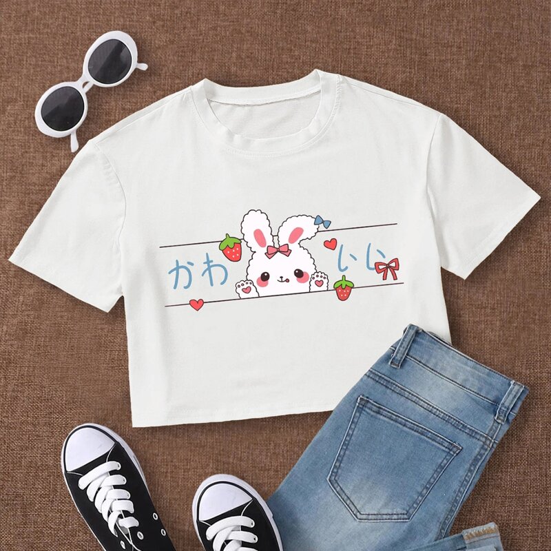 

Cartoon Rabbit Crop Boxy Tee, White
