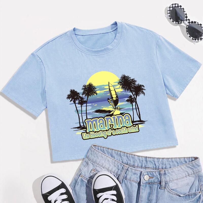 

Letter Tropical Graphic Crop Tee, Baby blue