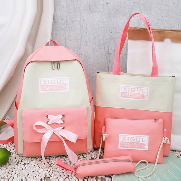 

4pcs Two Tone Backpack Set, Pink