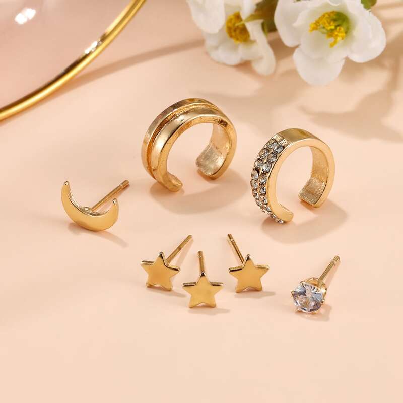 

7pcs Star & Moon Earrings, Gold