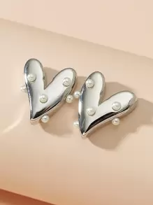 Heart Design Earrings Valentines - Silver - View 1