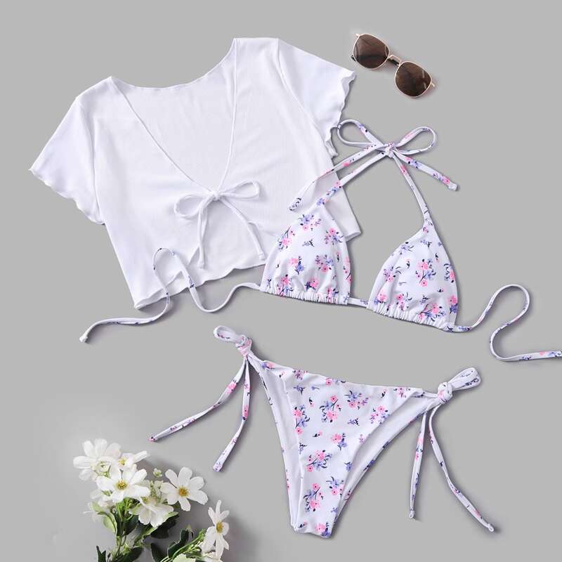 

3pack Floral Print Bikini Swimsuit, White