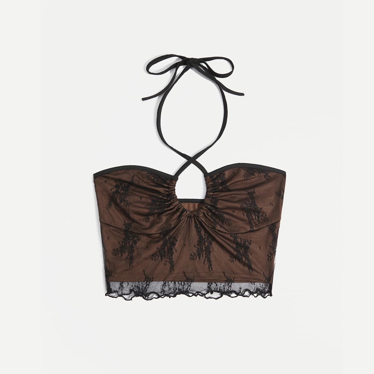 

Contrast Lace Crop Halter Top, Brown