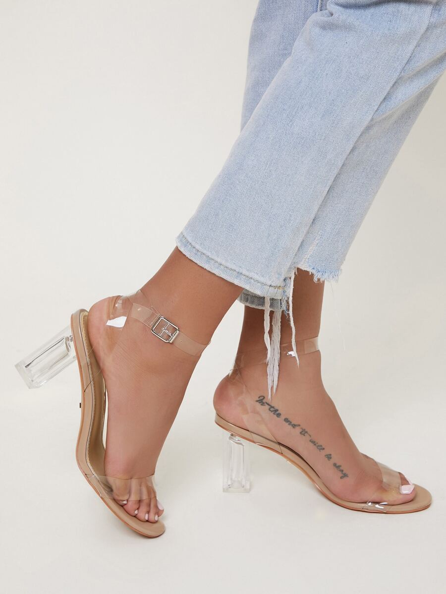Clear Chunky Heeled Sandals - Apricot - View 1