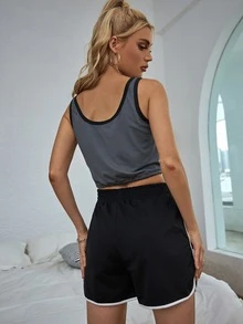 Áo hai dây Dây kéo Thắt nút Tương phản ràng buộc Giải trí - Màu xám đen - Xem 2