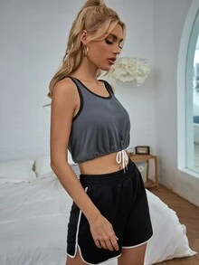Áo hai dây Dây kéo Thắt nút Tương phản ràng buộc Giải trí - Màu xám đen - Xem 3
