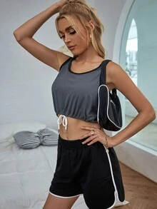 Áo hai dây Dây kéo Thắt nút Tương phản ràng buộc Giải trí - Màu xám đen - Xem 4