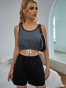 Áo hai dây Dây kéo Thắt nút Tương phản ràng buộc Giải trí - Màu xám đen - Xem 5