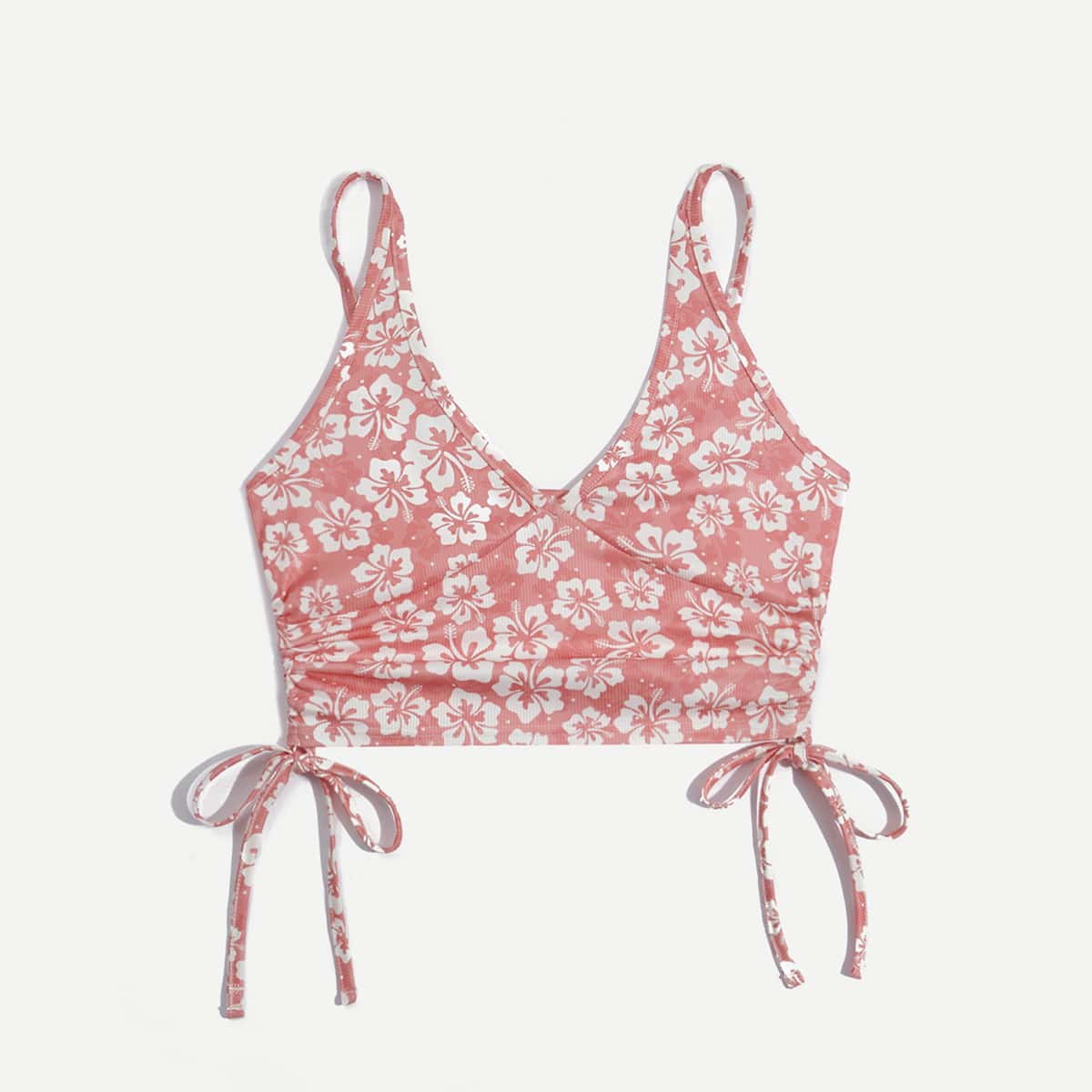 

Floral Graphic Drawstring Ruched Crop Cami, Pink