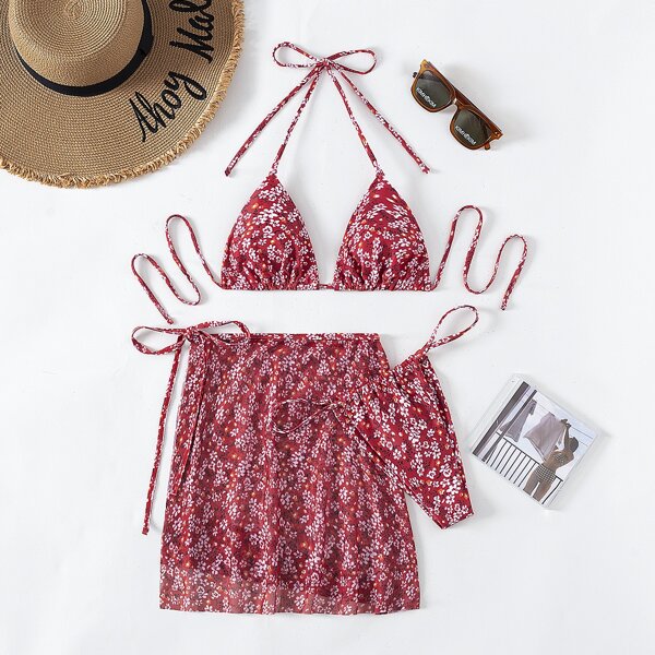 

3pack Ditsy Floral Halter Bikini Swimsuit & Beach Skirt, Red and white