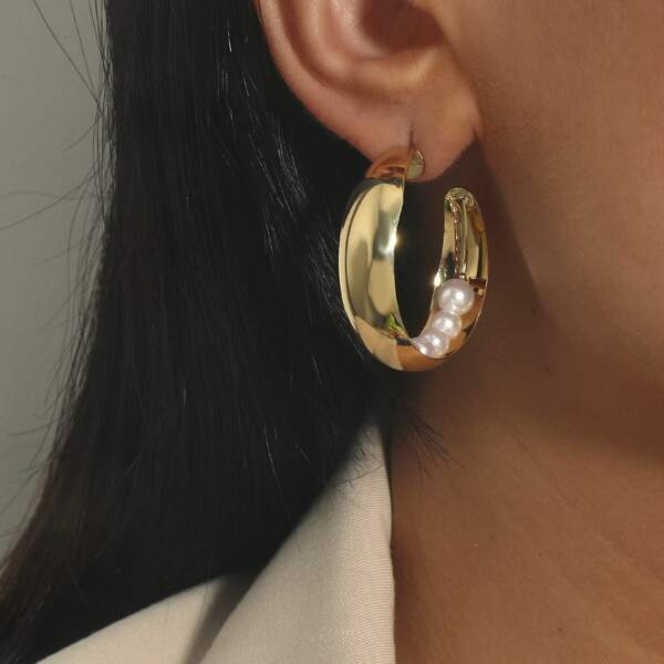 

Faux Pearl Decor Hoop Earrings, Gold