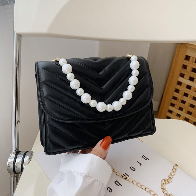 

Faux Pearl Handle Chevron Satchel Bag, Black