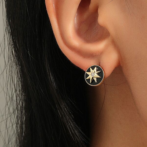 

Zircon Decor Round Earrings, Black