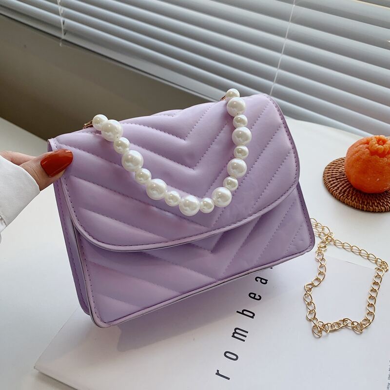 

Faux Pearl Handle Chevron Satchel Bag, Purple