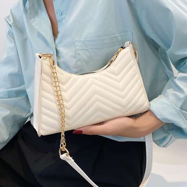 

Quilted Chain Shoulder Bag, Beige