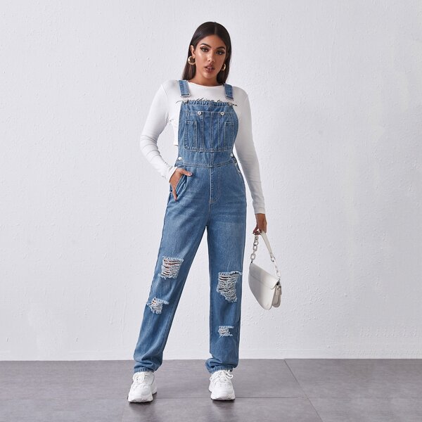 

Bleach Ripped Pocket Front Denim Overall, Light wash