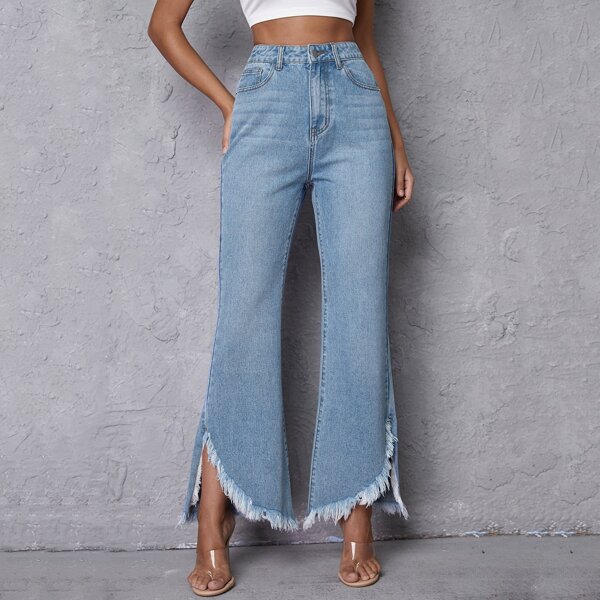

High Waist Raw Asymmetrical Hem Flare Leg Jeans, Light wash
