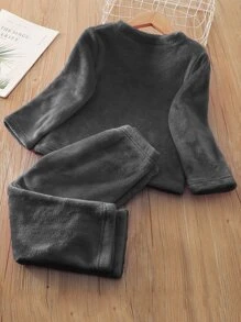 Toddler Boys Flannel Cartoon Embroidery Top & Trousers - Dark Grey - View 2