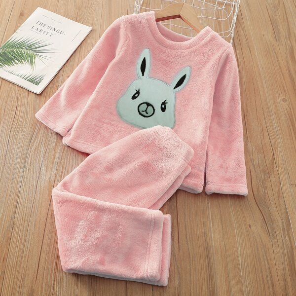 

Toddler Girls Rabbit Embroidery Flannel Top & Pants, Coral pink