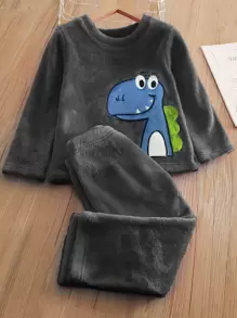 Toddler Boys Flannel Cartoon Embroidery Top & Trousers - Dark Grey - View 1