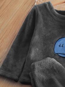 Toddler Boys Flannel Cartoon Embroidery Top & Trousers - Dark Grey - View 3