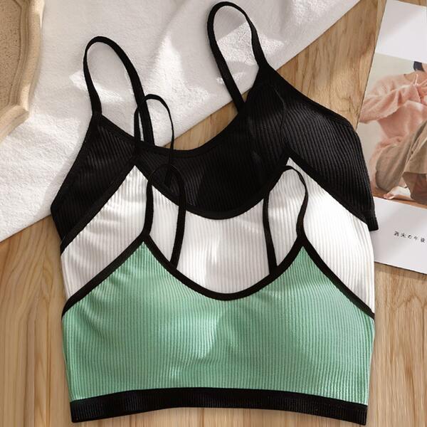 

Girls 3pcs Contrast Binding Rib-Knit Bralette, Multicolor