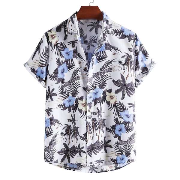 

Men Tropical Print Button Up Shirt, Multicolor