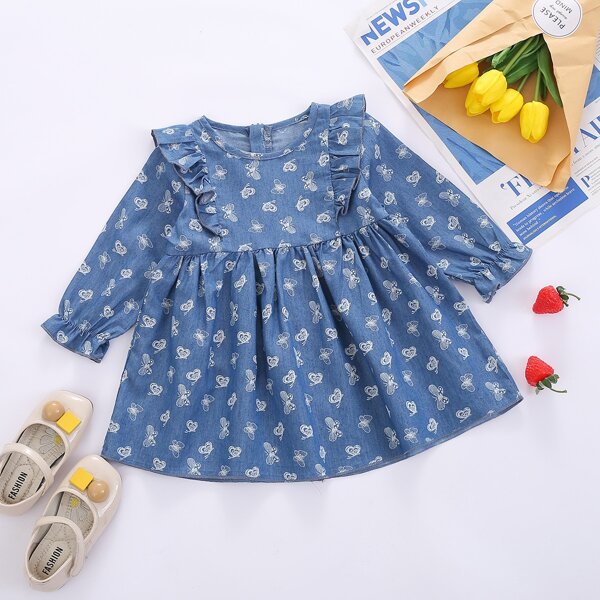 

Baby Girl Butterfly Print Denim Smock Dress, Medium wash