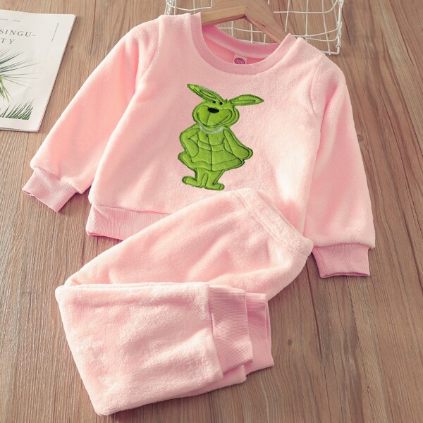 

Toddler Girls Rabbit Patched Flannel Pullover & Sweatpants, Baby pink