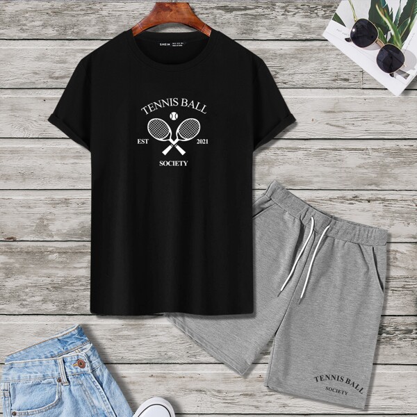 

Men Letter Graphic Tee & Drawstring Track Shorts, Multicolor