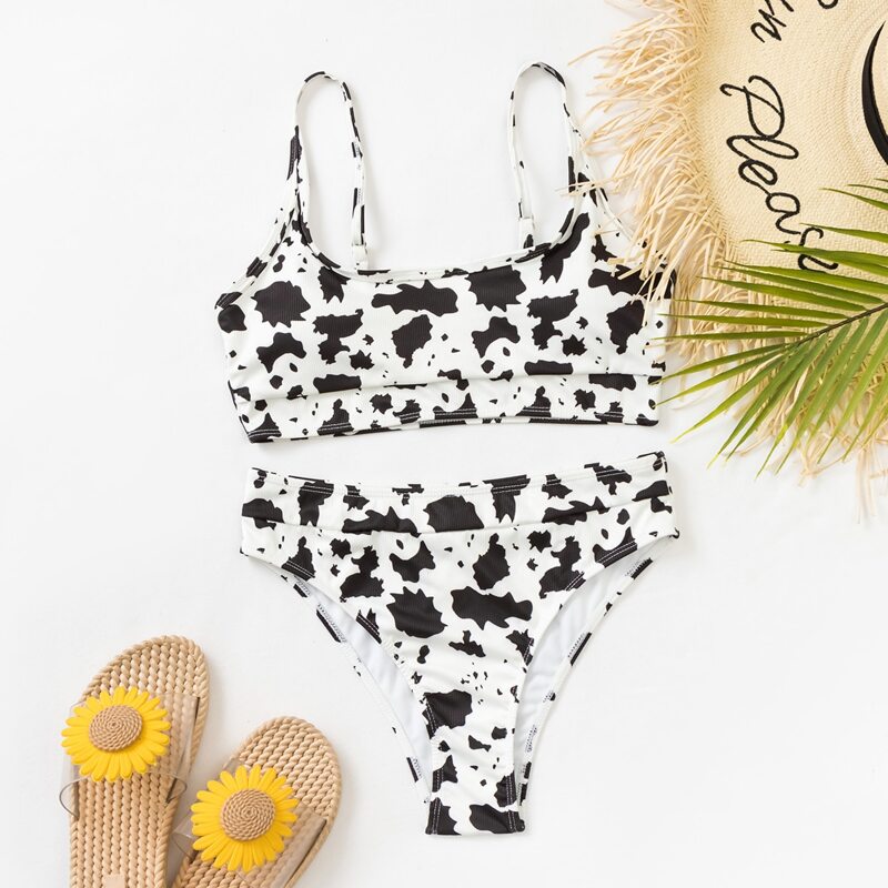

Allover Print High Waisted Bikini Swimsuit, Black and white