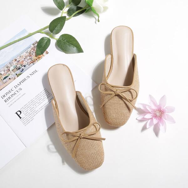 

Bow Decor Flat Mules, Khaki