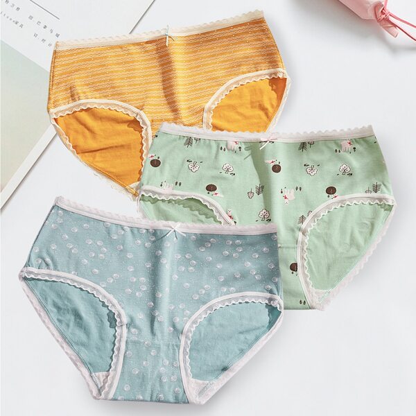 

Girls 3pcs Plants Print Lace Panel Brief, Multicolor