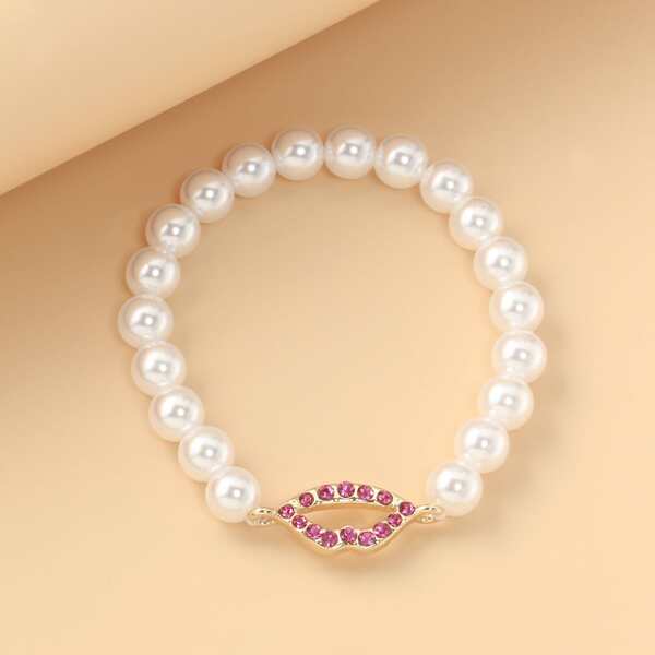 

Rhinestone Lips Decor Faux Pearl Beaded Bracelet, White